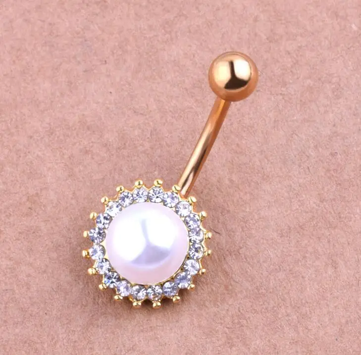 

2016 new Body Jewelry Rhinestone 316L medical steel Dangle Pearl Button Barbell Belly Navel Ring Bar Piercing chain