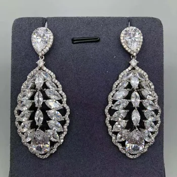 

Long Leaf Cz Paved AAA Cubic Zirconia Water Drop Big Pendant Drop Earrings For Women Accessories Wedding Jewelry Brinco
