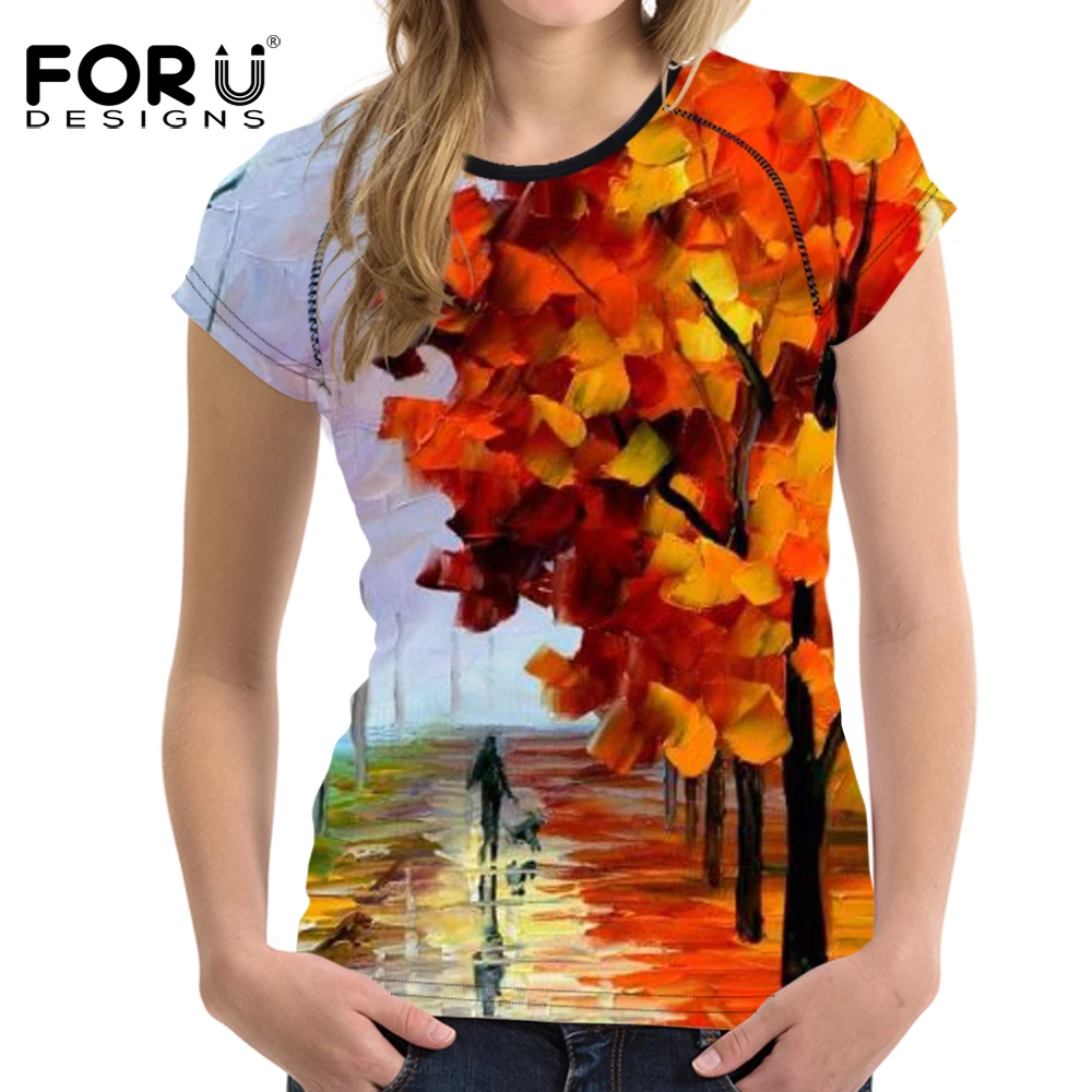 Online Forudesigns Oil Painting Pohon Cetakan WANITA T Shirt Wanita Kasual Lengan Pendek Kemeja Graffti WANITA T Shirt Ukuran S XXL Tee top