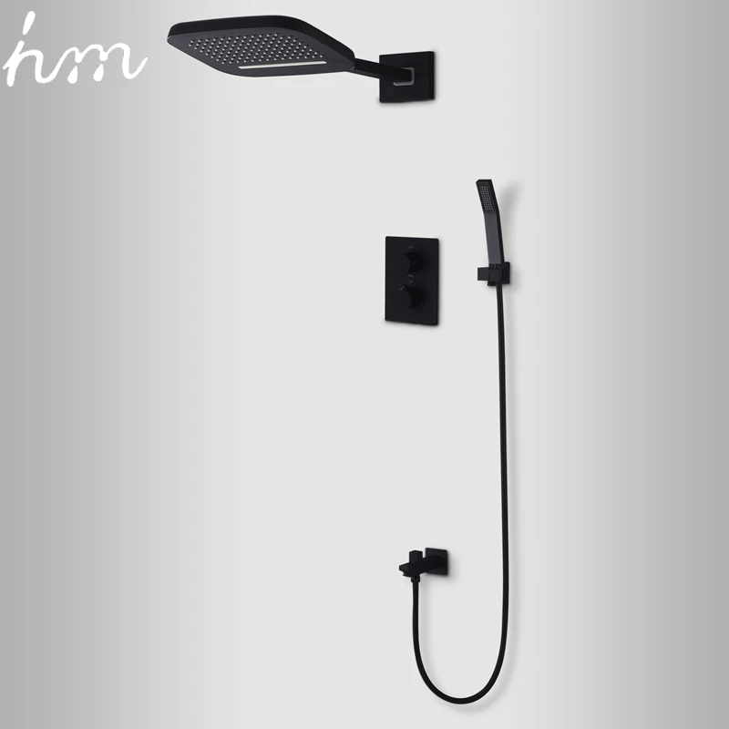 hm Black Shower Set Waterfall Rain Showerhead Panel Brass Bathroom Thermostatic Diverter Mixer Faucet Wall Mounted System