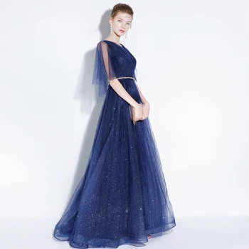 

New Simple Prom Dress V-neck Navy Blue Shining Floor-length Evening Party Gown Custom Formal Dresses