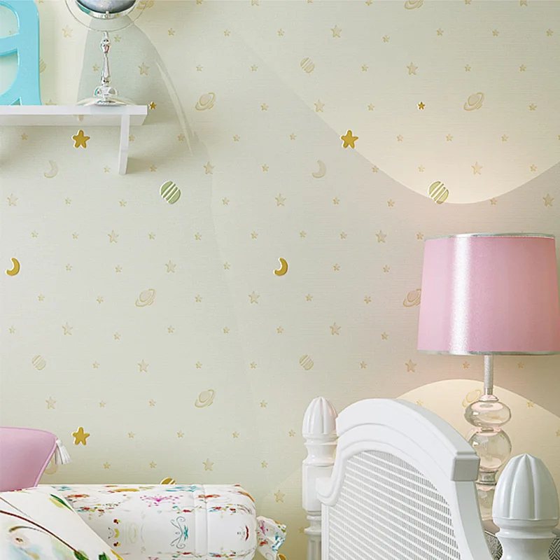 

Bright and fresh Star Moon Children Room Wallpaper Blue Night Sky Non-woven Boys Room Girl Bedroom Cartoon Princess Wallpaper