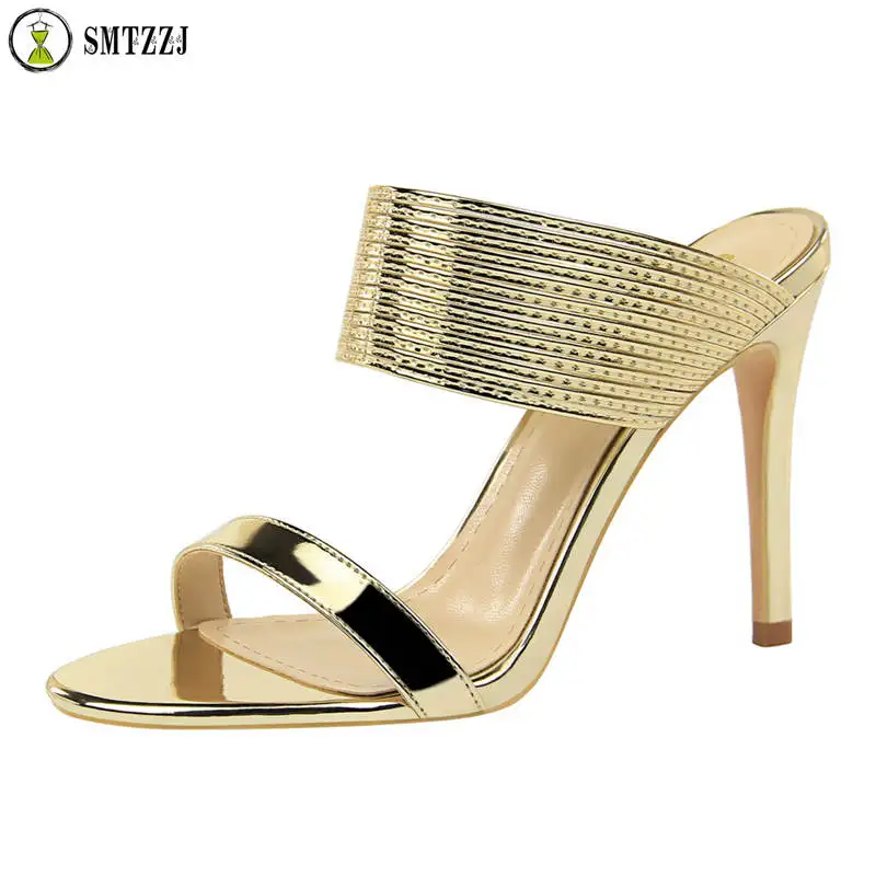 

Luxury Gold Silver Bling Thin High Heels Slippers New Elegant Sexy Summer Slide Wedge Shoes For Ladies party casual wear