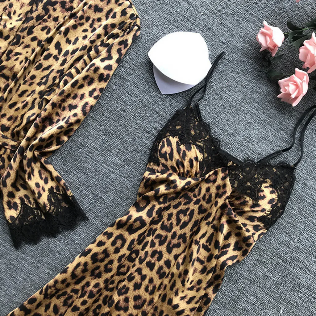 YOUYEDIAN модная сексуальная Женская атласная кружевная ночная сорочка с леопардовым принтом, женское белье
