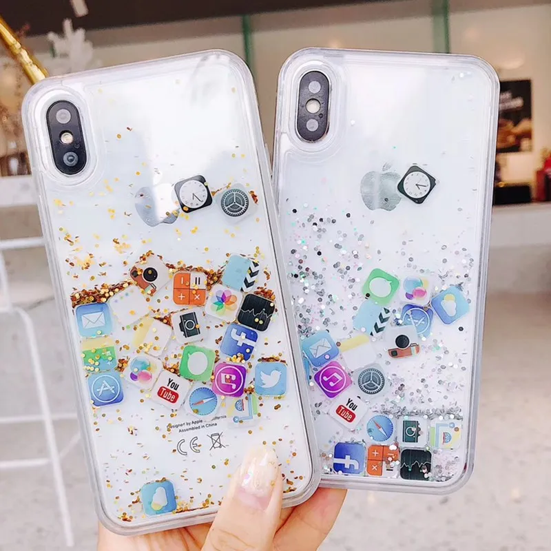 

OUJINUO For iPhone X 6 6S 6Plus 7 7Plus 8 8Plus Software Icon Glitter Dynamic Liquid Gold Silver Quicksand Case Coque Fondas