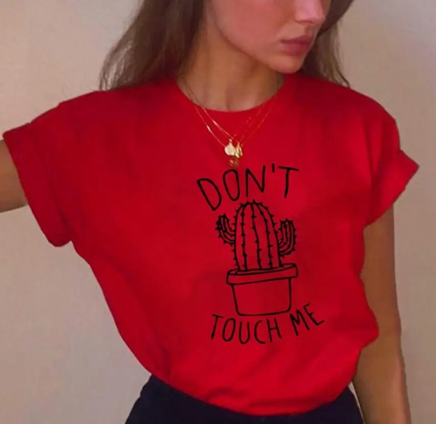 Футболка с принтом "Don TOUCH ME" и надписью "кактус", Женская свободная футболка с коротким рукавом и круглым вырезом, лето, женская футболка, топы - Цвет: Красный