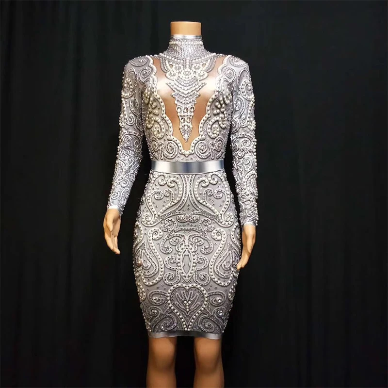 

Fashion Pearls Rhinestones long Sleeves Stretch Sexy DS Stage Birthday Party Celebrate Nightclub outfit Jazz DJ Dresses DJ1017