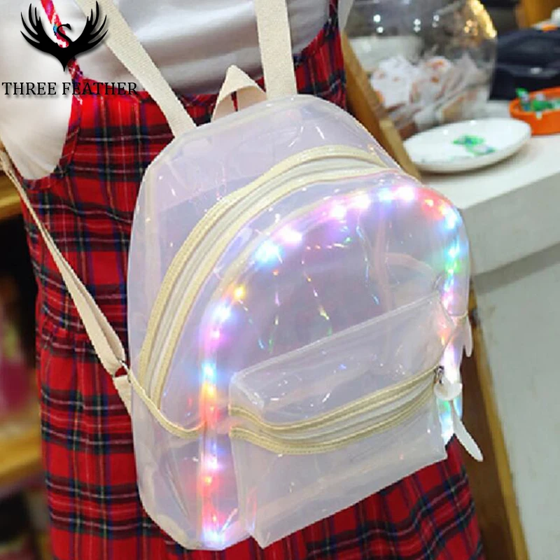THREE FEATHER Mini Beach Waterproof LED Light Transparent Backpack Fashion Travel Womens Girls Lady Pvc Bookbag School Bags S017 bookbags-for-girls : image THREE FEATHER Mini Beach Waterproof LED Light Transparent Backpack Fashion Travel Womens Girls Lady Pvc Bookbag School Bags S017 bookbags-for-girls