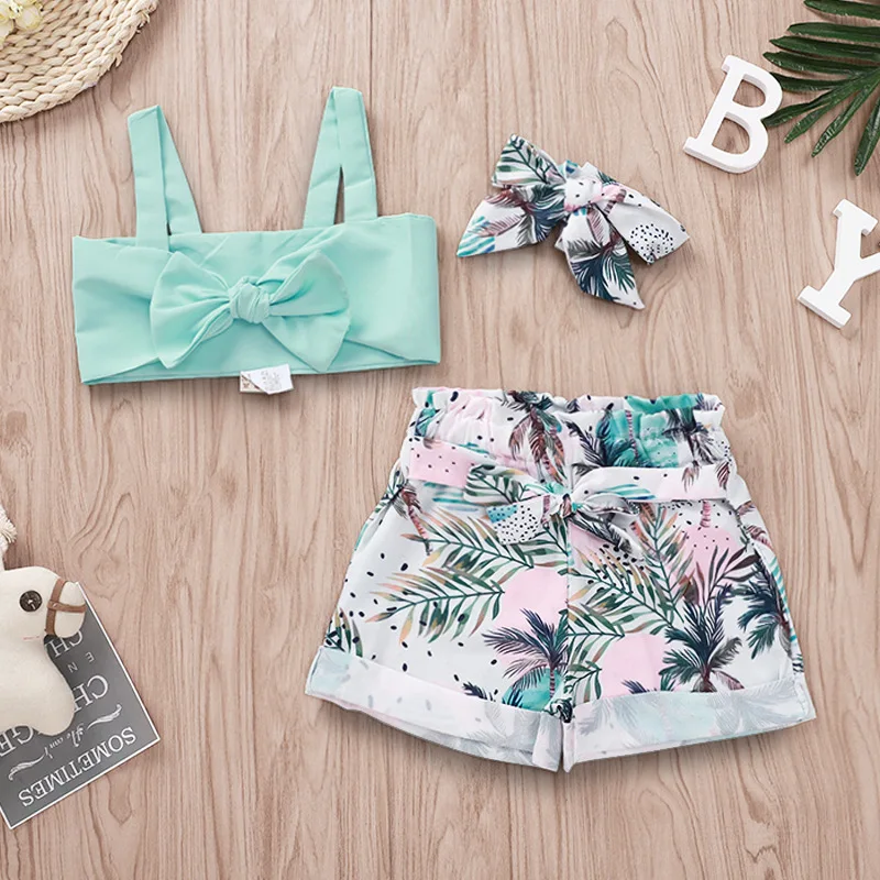 

2019 Summer Beachwear Bowknot Backless Baby Crop Top Coconut Trees Print Wide Leg Shorts Floral Headband 3 Pcs Girls Set