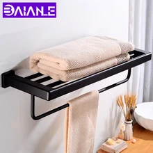 Towel Rack Holder Wall Mounted Black Towel Bar Single Aluminum Towel Rail Hanger Square Bathroom Shelves Shower Storage Rack gfmark towel hanger modern style wall mounted chrome surface towel bars bathroom towel rack shelves holder badkamer accesoires