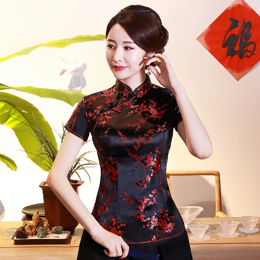 Цветочная атласная Женская рубашка Золотая с коротким рукавом летняя классическая блузка Китайский стиль праздничная одежда размера плюс 3XL 4XL винтажные Топы