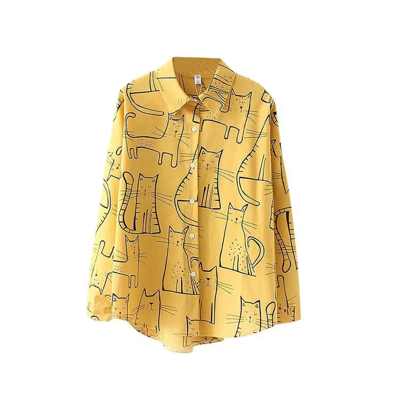 Хлопковая блузка с милым принтом кота, свободная повседневная женская блуза, топы для женщин с отложным воротником, рубашка с длинным рукавом, блуза, мода - Цвет: Цвет: желтый