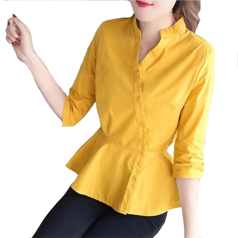 

Shirt women's 2019 spring new Han Fan loose autumn solid color fashion temperament irregular buckle seven-point sleeve shirt