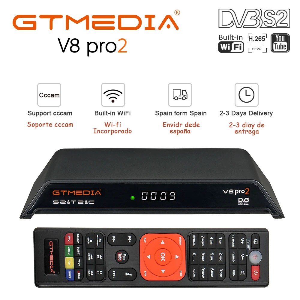 

GTMEDIA newest freesat V8 Pro2 DVB-S2/DVB S2x+T2+Cable HD 1080P Satellite Receiver Built-in WiFi H.265 +1 year free europe cccam