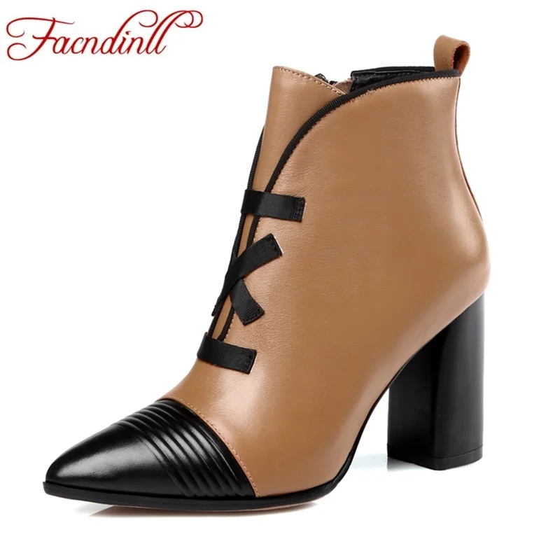 

FACNDINLL genuine leather gladiator fashion women shoes ankle boots high heels pointed toe zipper shoes woman work riding boots