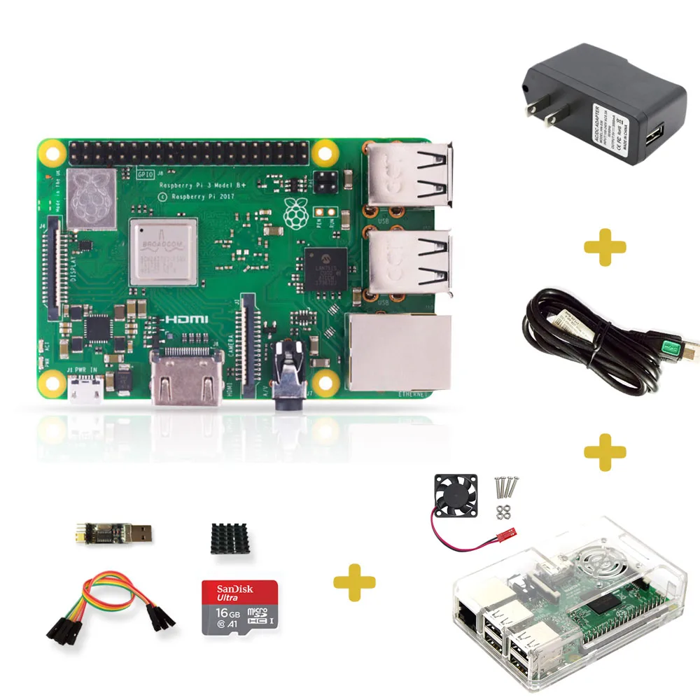 Raspberry Pi 3 Model B+(заглушка) Встроенный Broadcom 1,4 ГГц quad-core 64-разрядный процессор Wi-Fi, Bluetooth и Gigabit Ethernet через USB - Комплект: Комплект 4