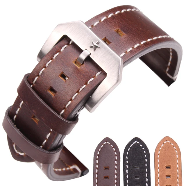 24mm Cowhide Watchband Men Vintage Genuine Leather Black Dark Brown