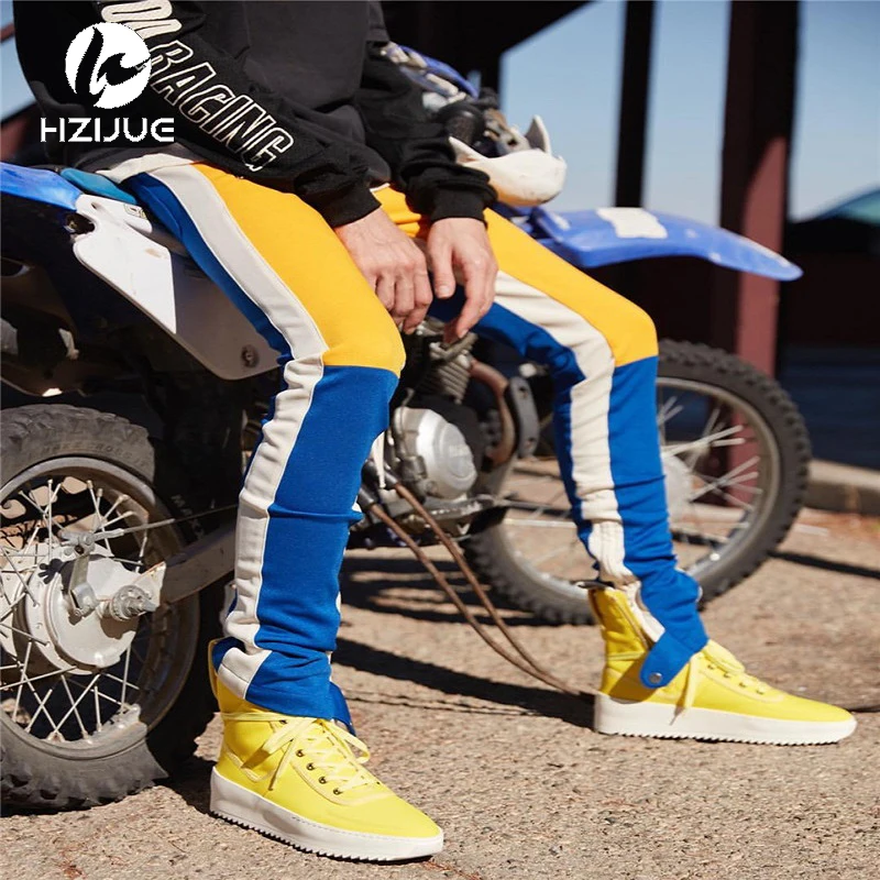 

HZIJUE Color Block Patchwork Fit Style Men's Pants with Leg Opening Zipper 2018 New Fashion Streetwear Pants Men