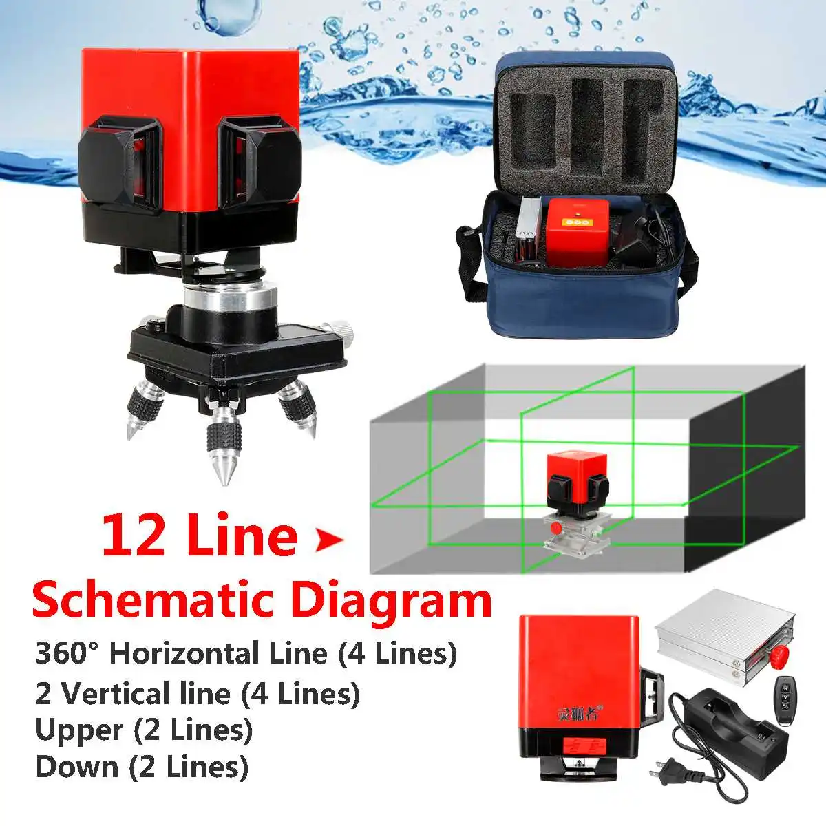 

3D 360 Degree 12 Line Green Light Laser Level Auto Self Floor Tile Leveling+Controller US Plug Waterproof Wear-resisting