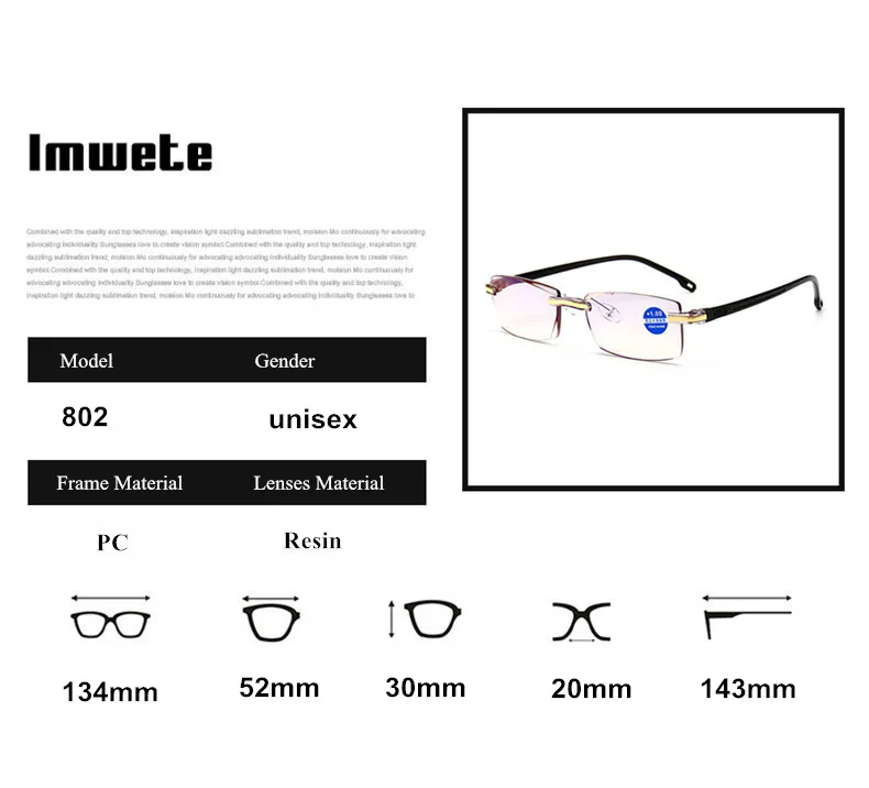 Imwete очки для чтения без оправы, прозрачные, для женщин и мужчин, против Blu-Ray, без оправы, компьютерные очки, очки для чтения Пресбиопии 1,5 2,0