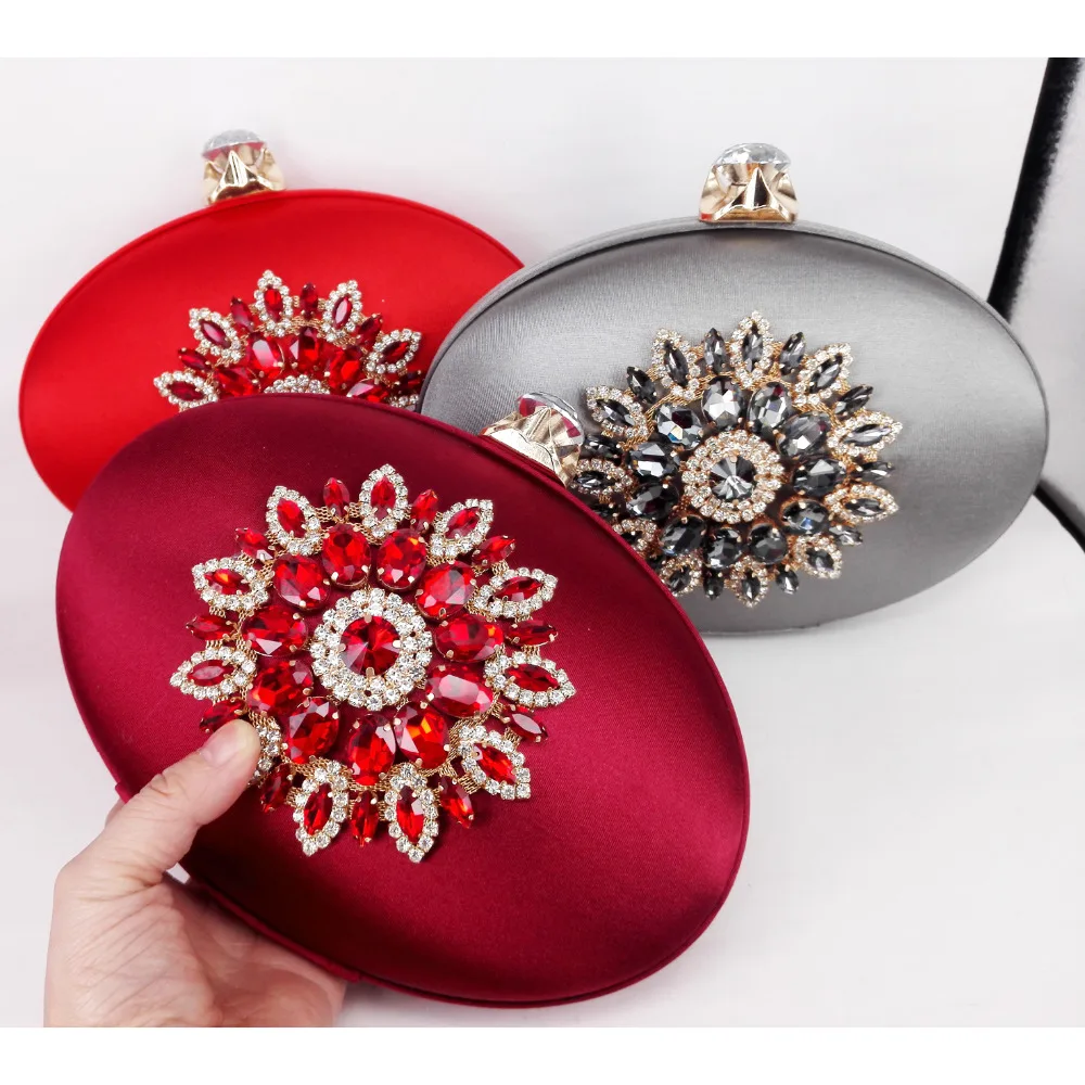 

Fashion round oval shape satin with crystals clutch chain shoulder bag women's handbag Gold Evening Bag Wedding Party Purse X61
