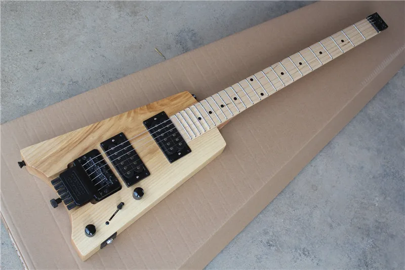 Free Shipping Electric Guitar,Natural wood Ash wood Body,no Headstock,Black Hardware,24 Frets