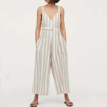 

Summer female jumpsuit casual striped belt decorated suspenders wide leg jumpsuit