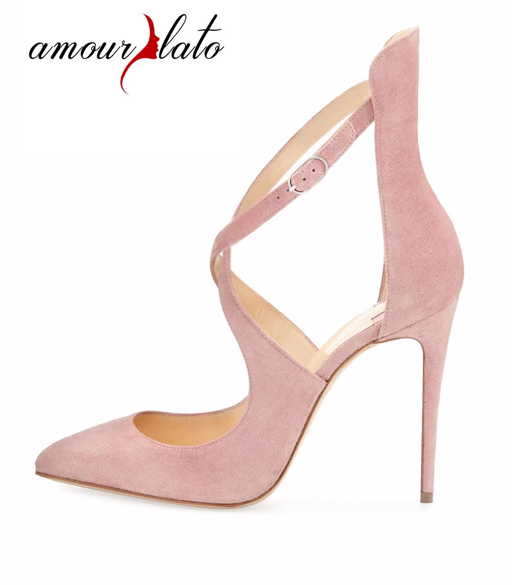 Amourplato Women's Pointy Toe Cross Strap High Heel Dress Pumps Cut Out Ladies Stilettos Buckled