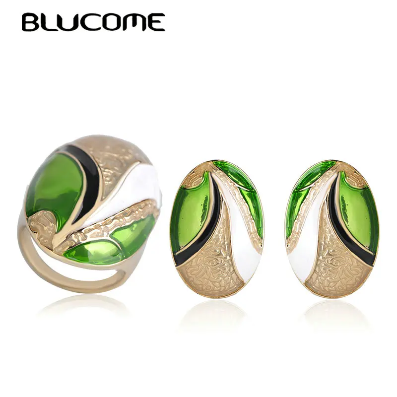 

Blucome Fashion Big Size Stud Earrings Ring Set Round Green Enamel Gold Color Jewelry Sets For Women Mother Birthday Party Gifts