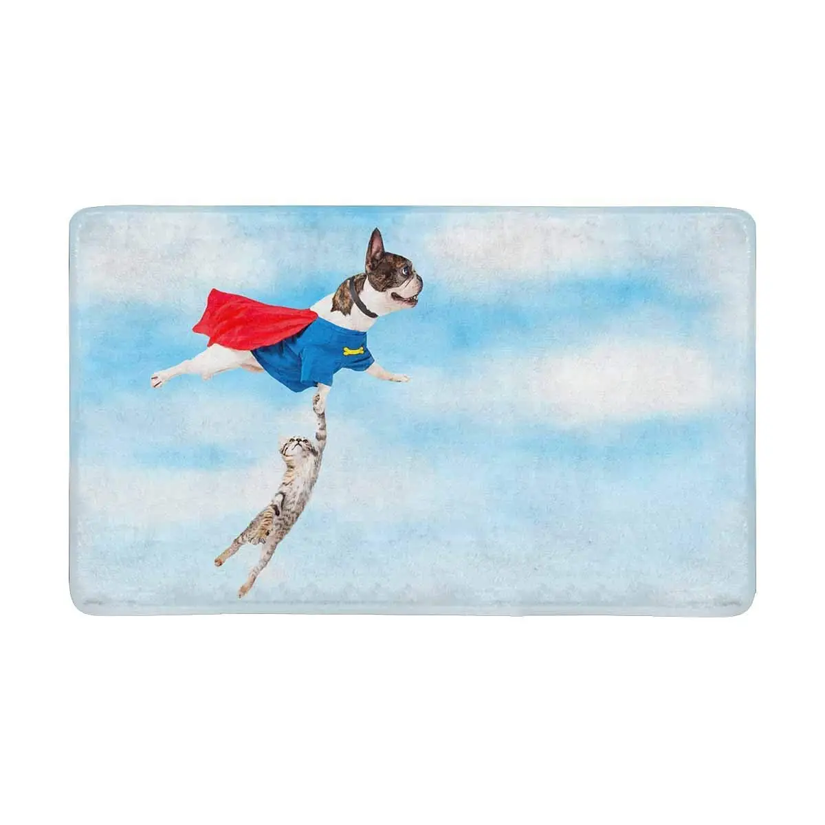 Funny Super Hero Dog Flying Through Clouds While Rescuing Kitten Anti-Slip Door Mat Home Decor Personalized Indoor | Дом и сад