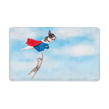

Funny Super Hero Dog Flying Through Clouds While Rescuing Kitten Anti-Slip Door Mat Home Decor, Personalized Indoor