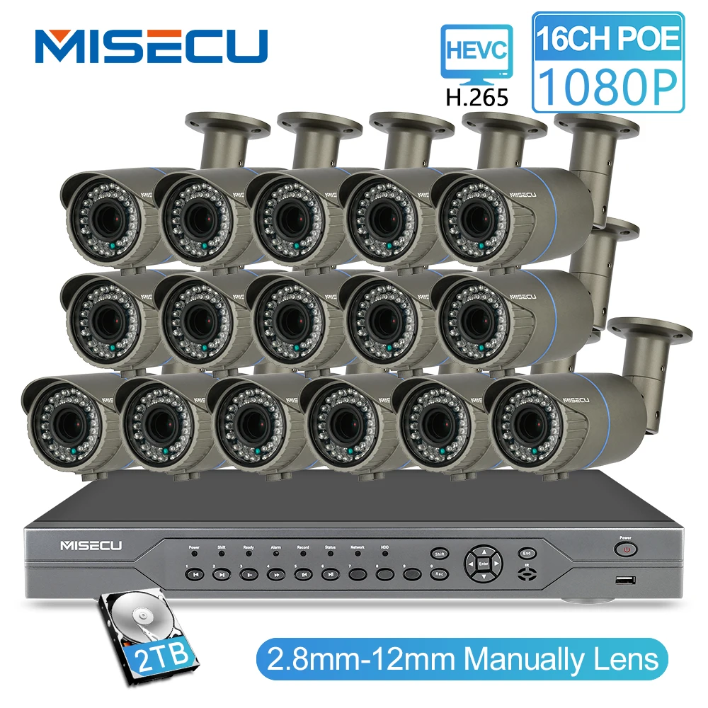 MISECU H.265 16CH POE KIT 1080P NVR Real POE 48 в 2MP 16 шт. POE 2,8-12 мм Модуль камеры с зумом ночной Водонепроницаемый P2P IP cctv система