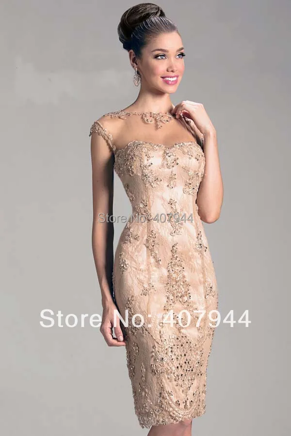 Champagne Lace Knee Length Sheath Cap Sleeves Beading Backless Mother of the Bride Dresses 2015
