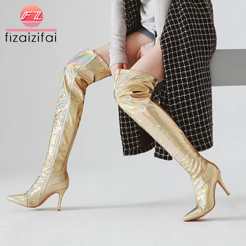 

Coolcept Plus Size 30-48 Women Over The Knee Boots Winter Thin High Heels Add Fur Boots Plush Warm Pointed Toe Shoes Woman