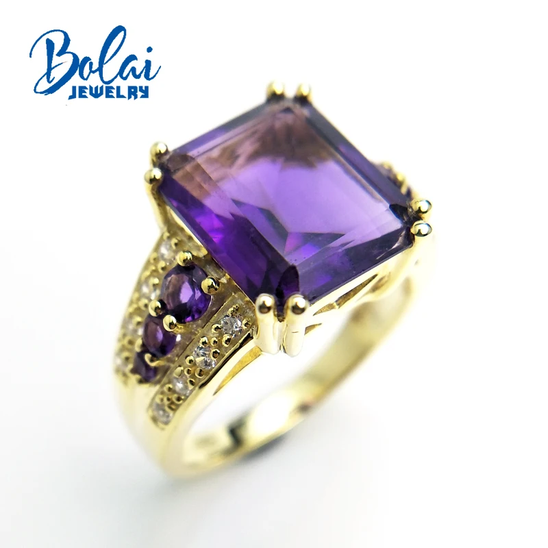 

Bolaijewelry,Natural amethyst gemstone Shiny Ring solid 925 sterling yellow color silver ring for birthday gift with jewelry box