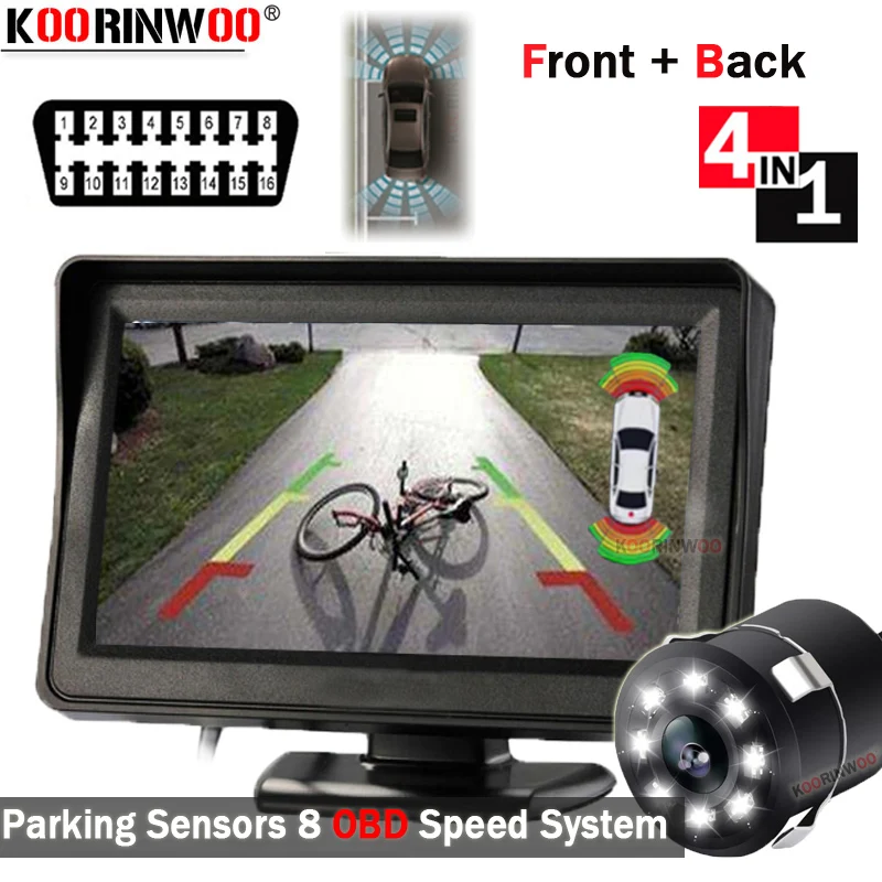 

Koorinwoo Full Set Video Car Parking Sensor Kit Speed System 8 Probe BEE Metal Bumper Design Circle Camera With Monitor Detecter