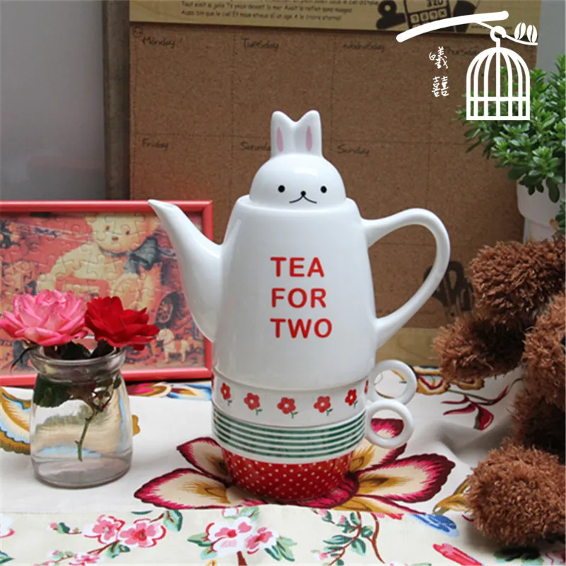 Милый маленький кролик голову крышка чай для двух керамический чайник с 2 чашки для отдыха английский послеобеденный чайный сервиз 3 перекрытия чашки горшок костюм