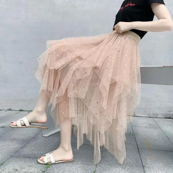 Women's Skirts Summer 2020 New Korean Stars Sequin Elegant High Waist A-line Pleated Elastic Belt School Spring Midi Skirt Femme Apricot
