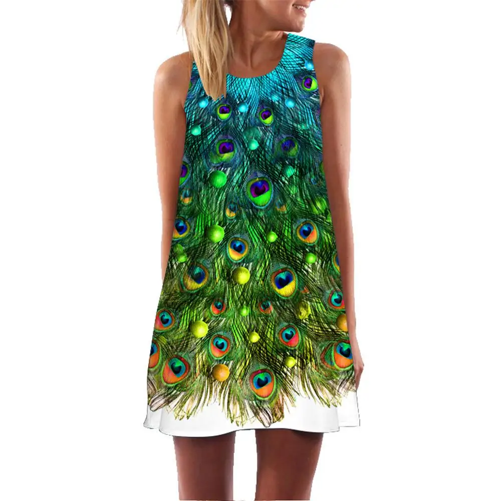 

Women Summer Sleveless Boho Print Casual Beach Vintage Fashion Short Mini Dress