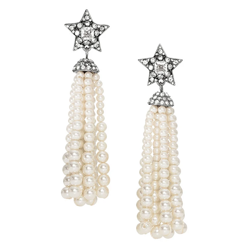 

Souviens Shooting Star Drop Earrings Rhinestone Pave Post Creamy Imitation Pearls Tassel