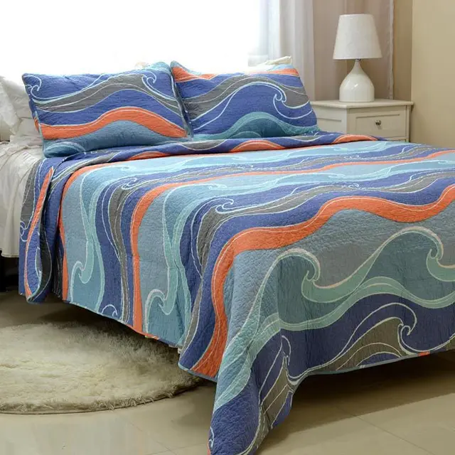 Blue Sea Wave Design Patchwork Bedspread 3pcs Ocean Soft Blue Sea Wave Design Patchwork Bedspread 3pcs Ocean Soft Quilted Comforter Set Navy Cotton Coverlet Blanket Quilt