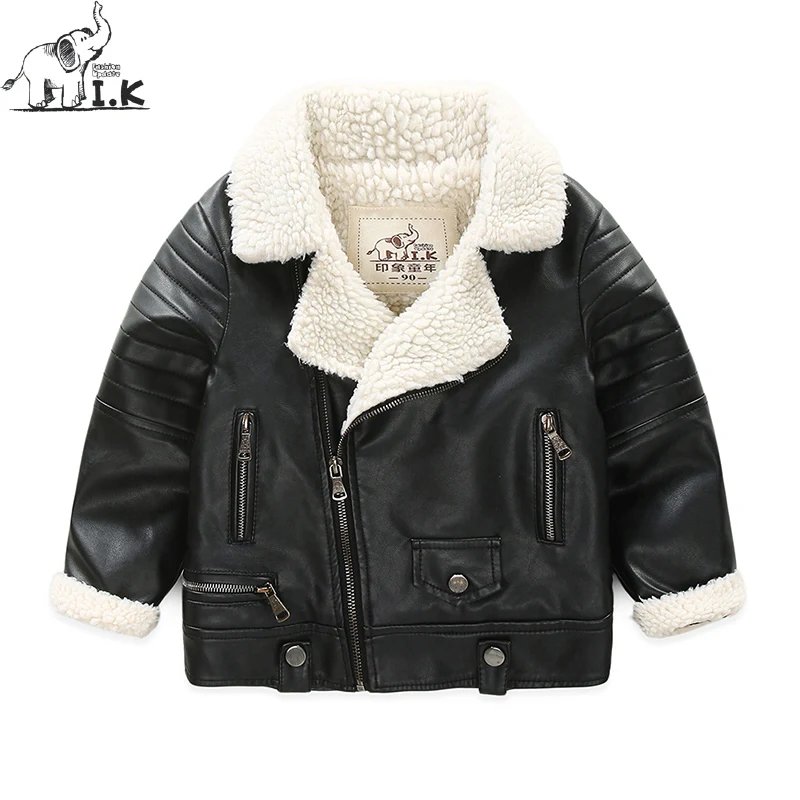 

IK Boys Winter warm plus velvet zipper PU leather coat Kids casual windproof fashion Jacket children Turn-down outwear WT25045