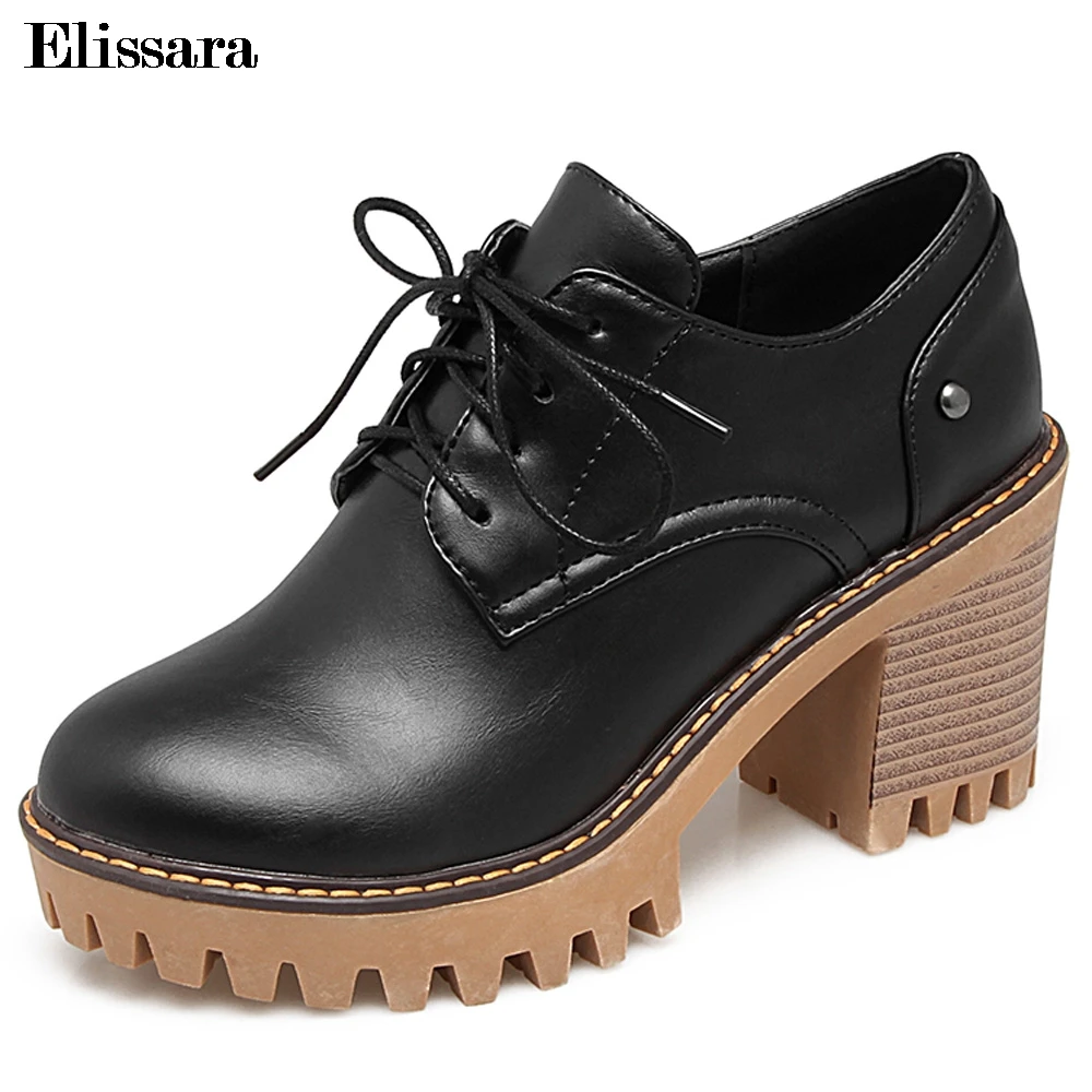 

Ladies Shoes Size 43 Women Thick High Heels Pumps Shoes Woman Casual Lace Up Round Toe Platform Punk Shoes Elissara