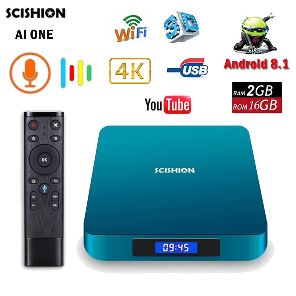 

SCISHION AI ONE Android 8.1 TV Box RK3328 2G 16G WiFi BT4.0 USB 3.0 4K Smart TV Media Player Display Screen Voice Control AIONE