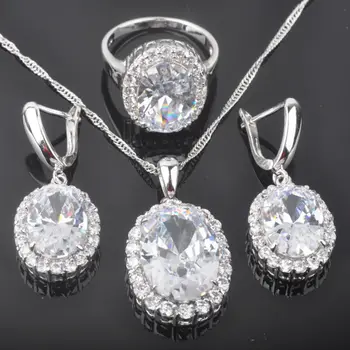 

2020 New White Cubic Zirconia Silver Color Jewelry Sets Women's Wedding Earrings Pendant Necklace Rings Birthday Gift QZ0463