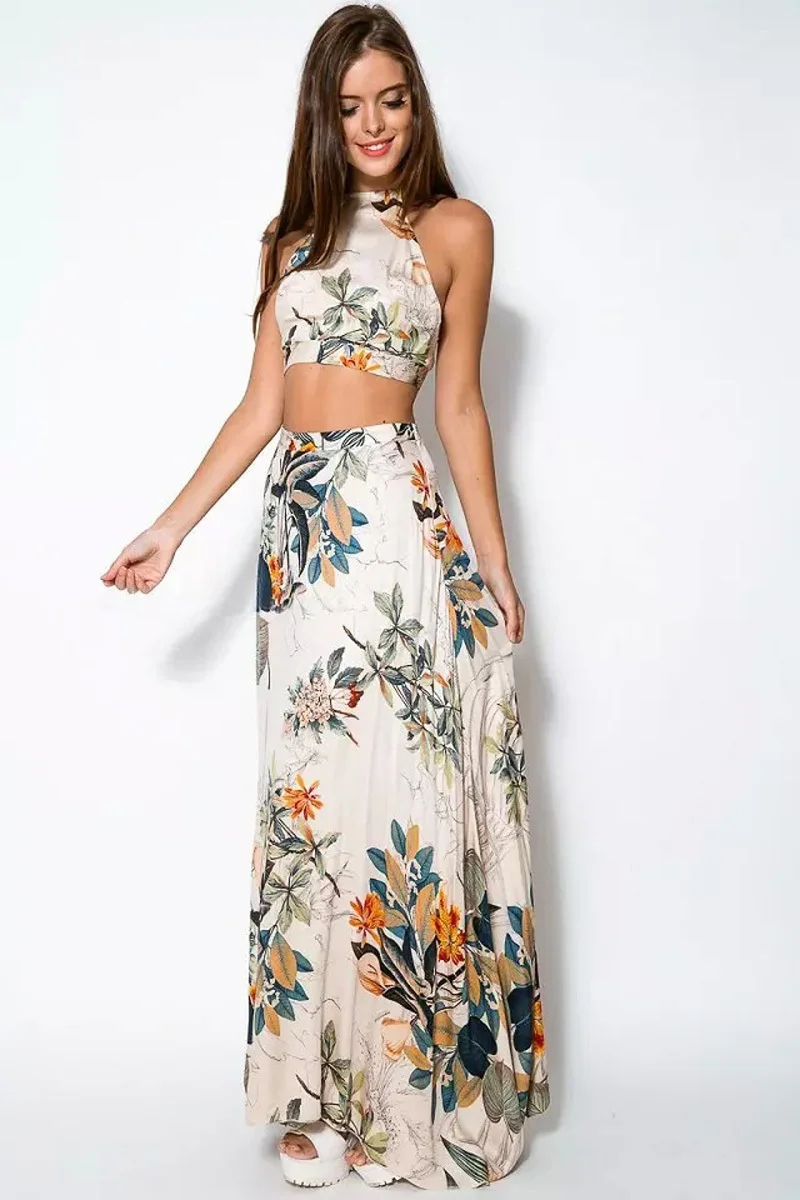Brand Women Two Piece Floral Maxi Dress 