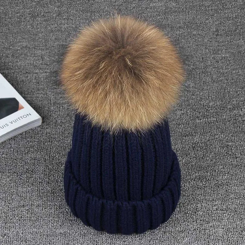 15CM Fox Fur Ball Hat Knitted Real Big Raccoon Pom Pom Beannie Winter Women  Fur Cashmere Cap Hats YG199 - AliExpress