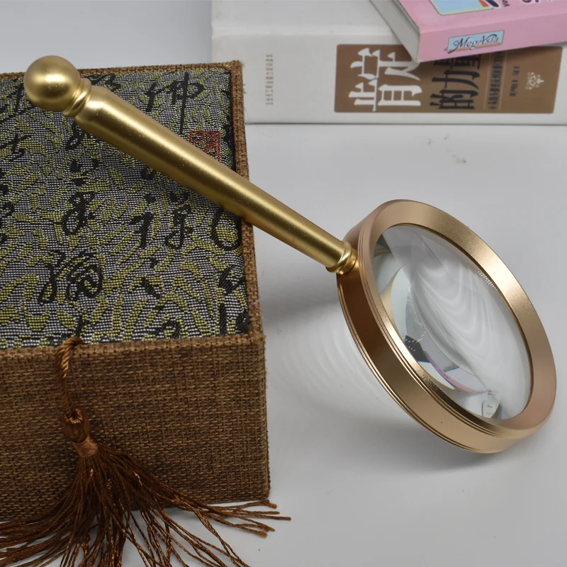 

10X 75mm Hot Gift Toy Metal Golden Household Handheld Office Reading Magnifier Magnifying Glass Loupe with Handle for Old Man