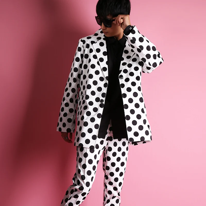 Hot New Mens Black And White Polka Dots Classic Suits Loose Suit Nightclubs Casual Blazers Men Dresses Tides Fashion Ninth Pants