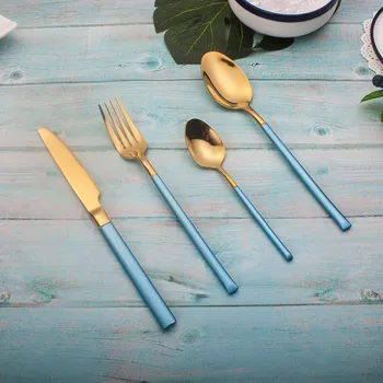 

24pcs/set Ins Light Blue Gold Stainless Steel Cutlery Set Flatware Set Dinner Knife Fork Spoon Set Dinnerware Tableware